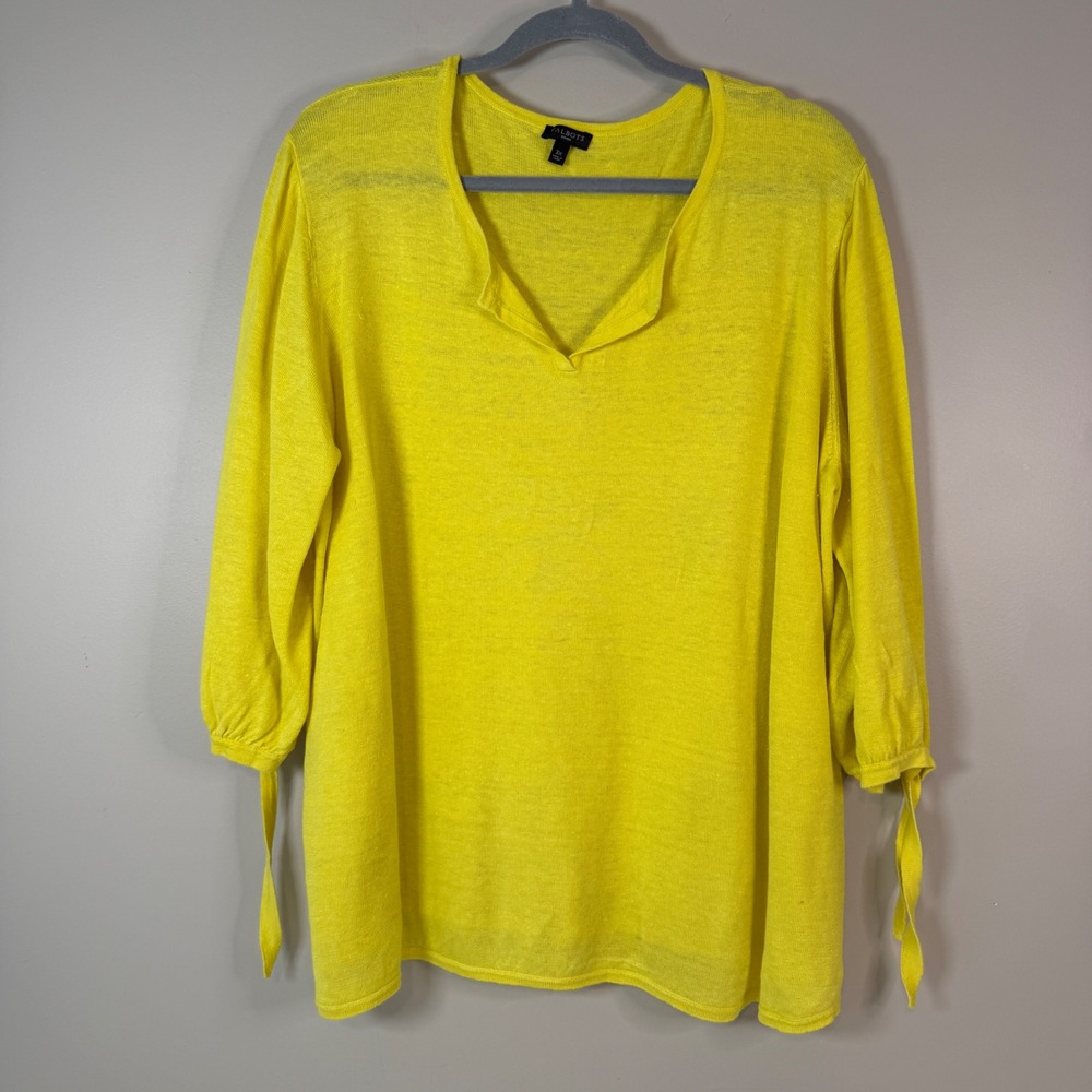 Talbots Woman 3X‎ Bright Yellow 100% Linen Tie Cuff Split Neck Sweater Coastal